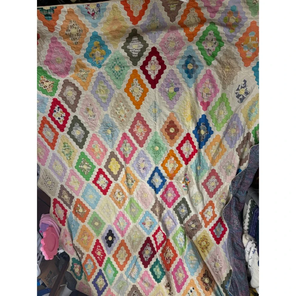 Vintage Handmade Grandmothers Flower Garden Patchwork Quilt Hexagon Multi 96x74